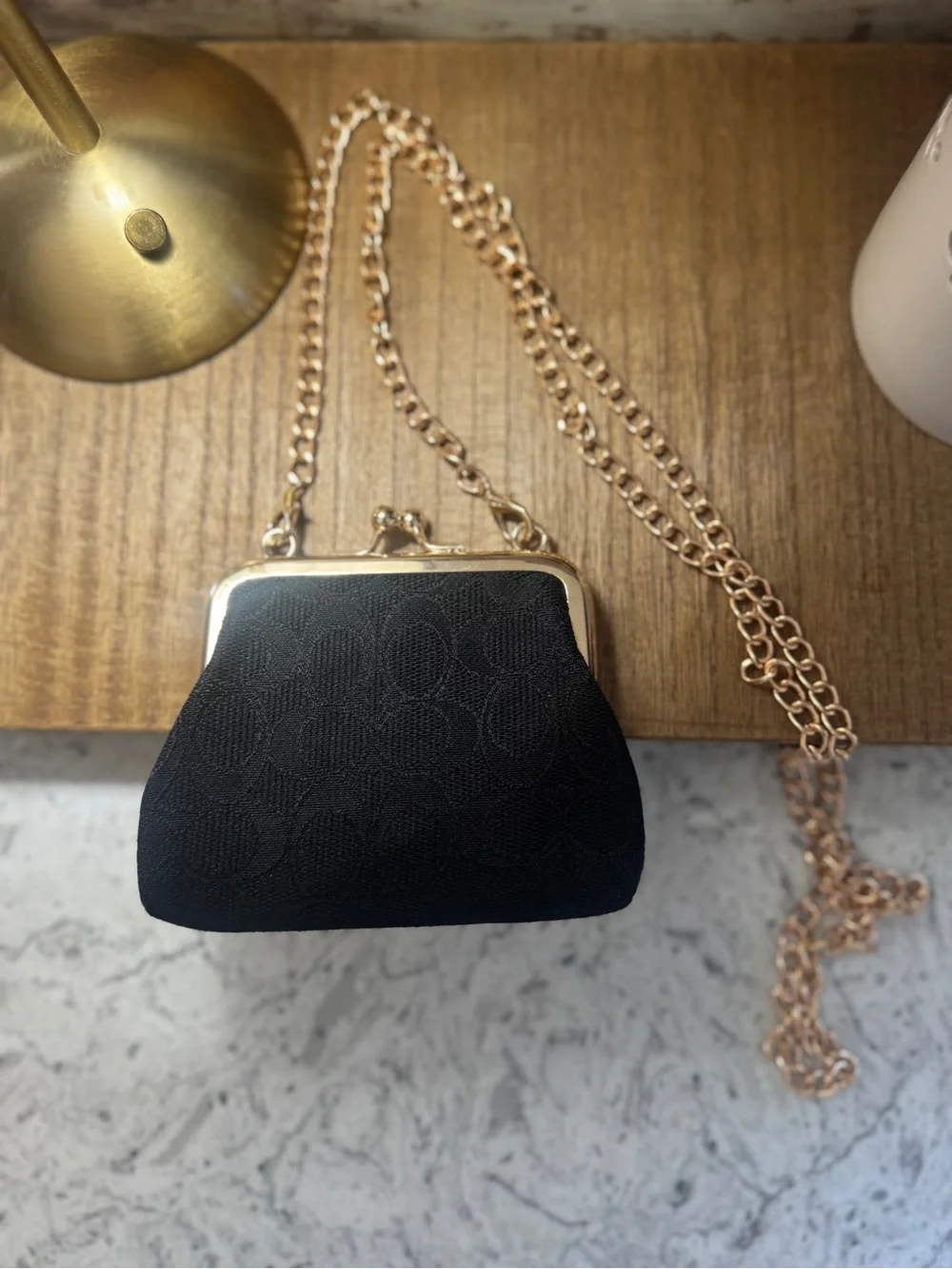 Black Coach Fabric Kiss-Lock Coin Purse with Gold Frame